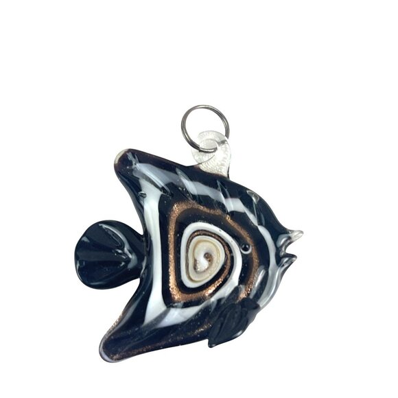 Murano Style Glass Fish Pendant Black White Swirl Handmade Nautical Ocean Charm - Picture 2 of 6